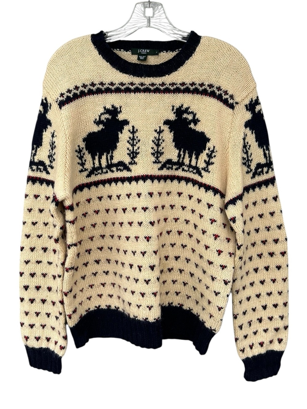 J. Crew Men's Cream Vintage Moose Christmas Crewneck Sweater - 100% Wool - S L